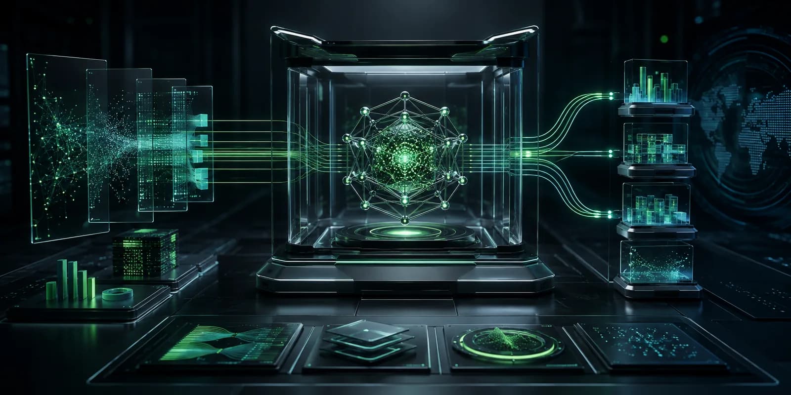 Visualisation of an AI model core surrounded by holographic monitoring panels