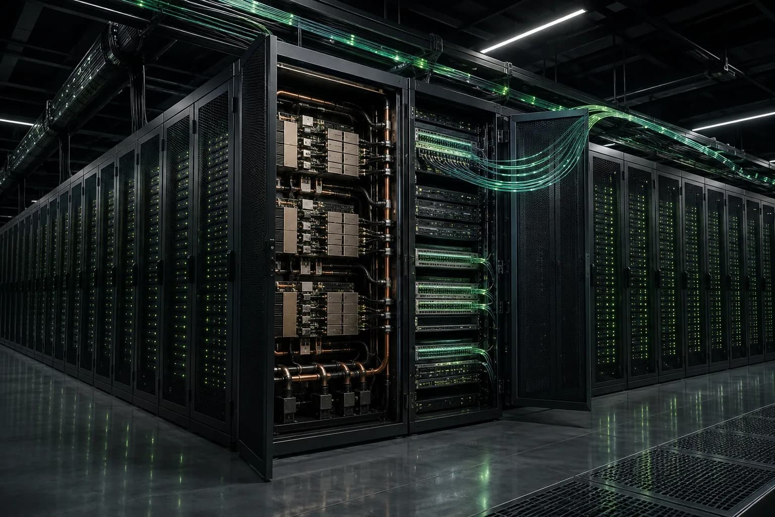 Rows of GPU compute racks in an enterprise data centre